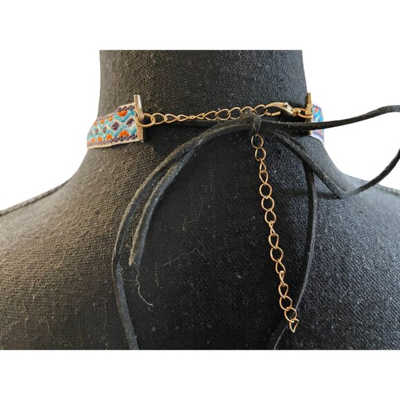 90's aztec tribal fabric choker blue orange black cord tie - Picture 3 of 6